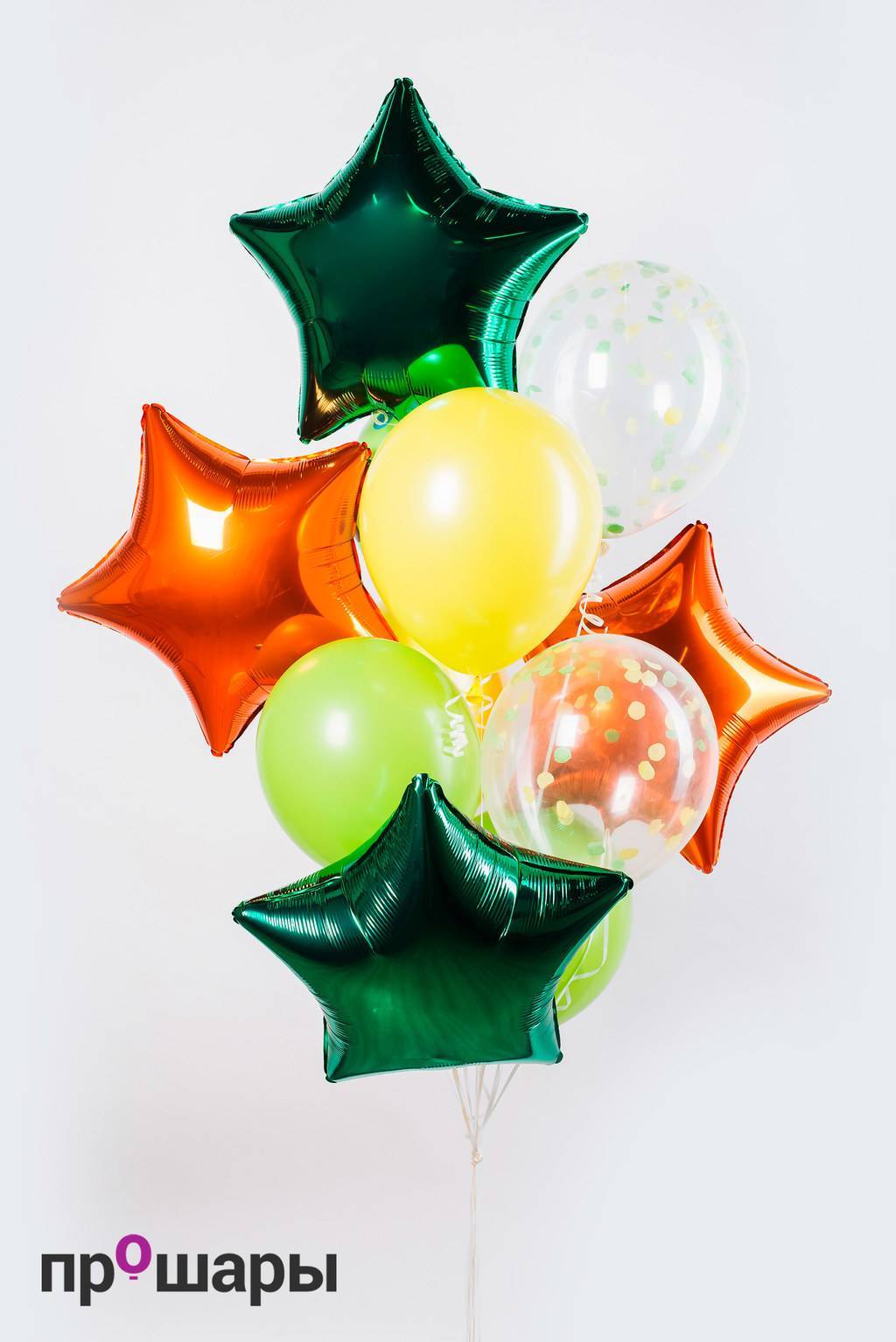 Фонтан из 11 шаров зелёный/оранжевый/жёлтый/конфетти