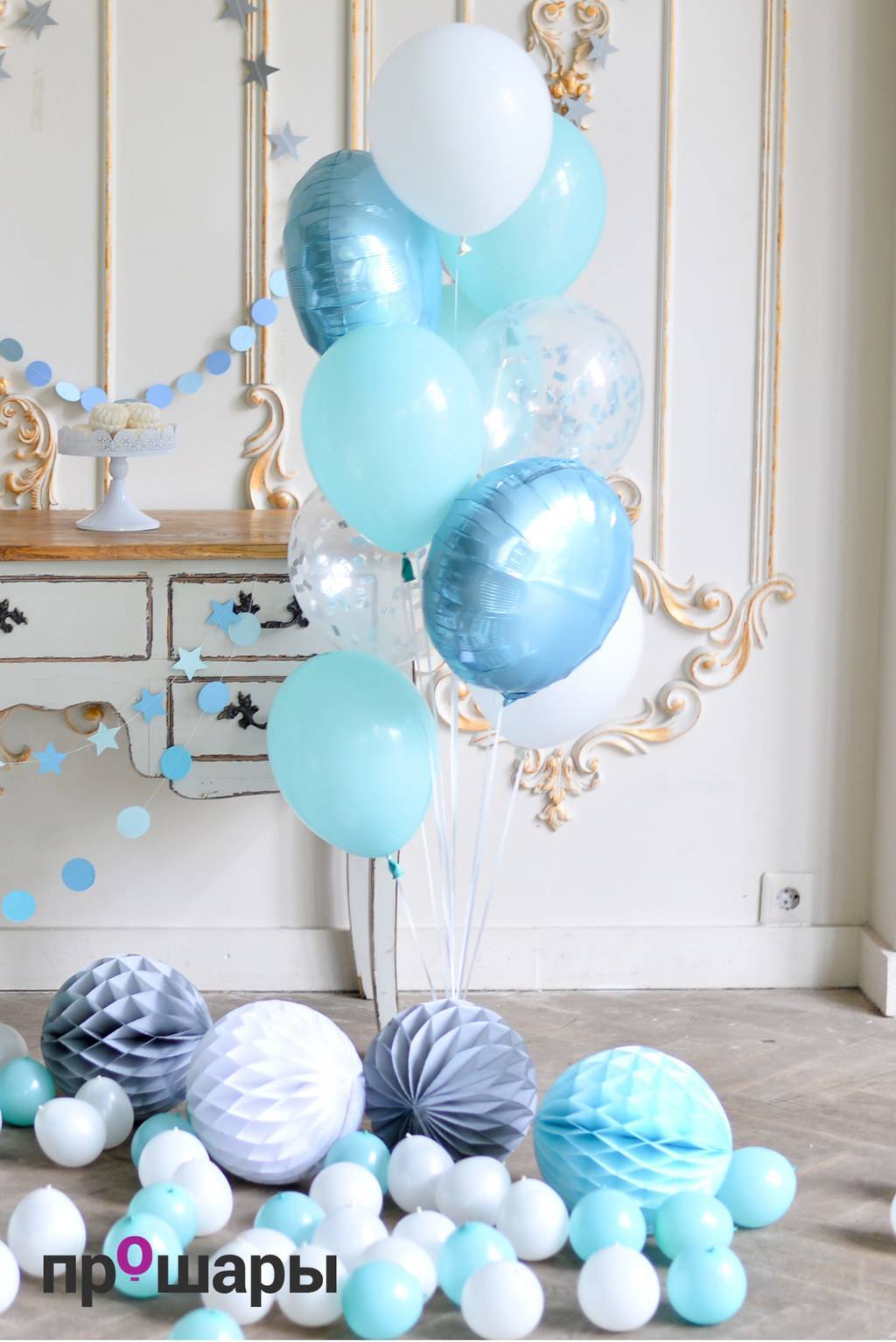 Фонтан из 9 шаров мята/белый/голубой