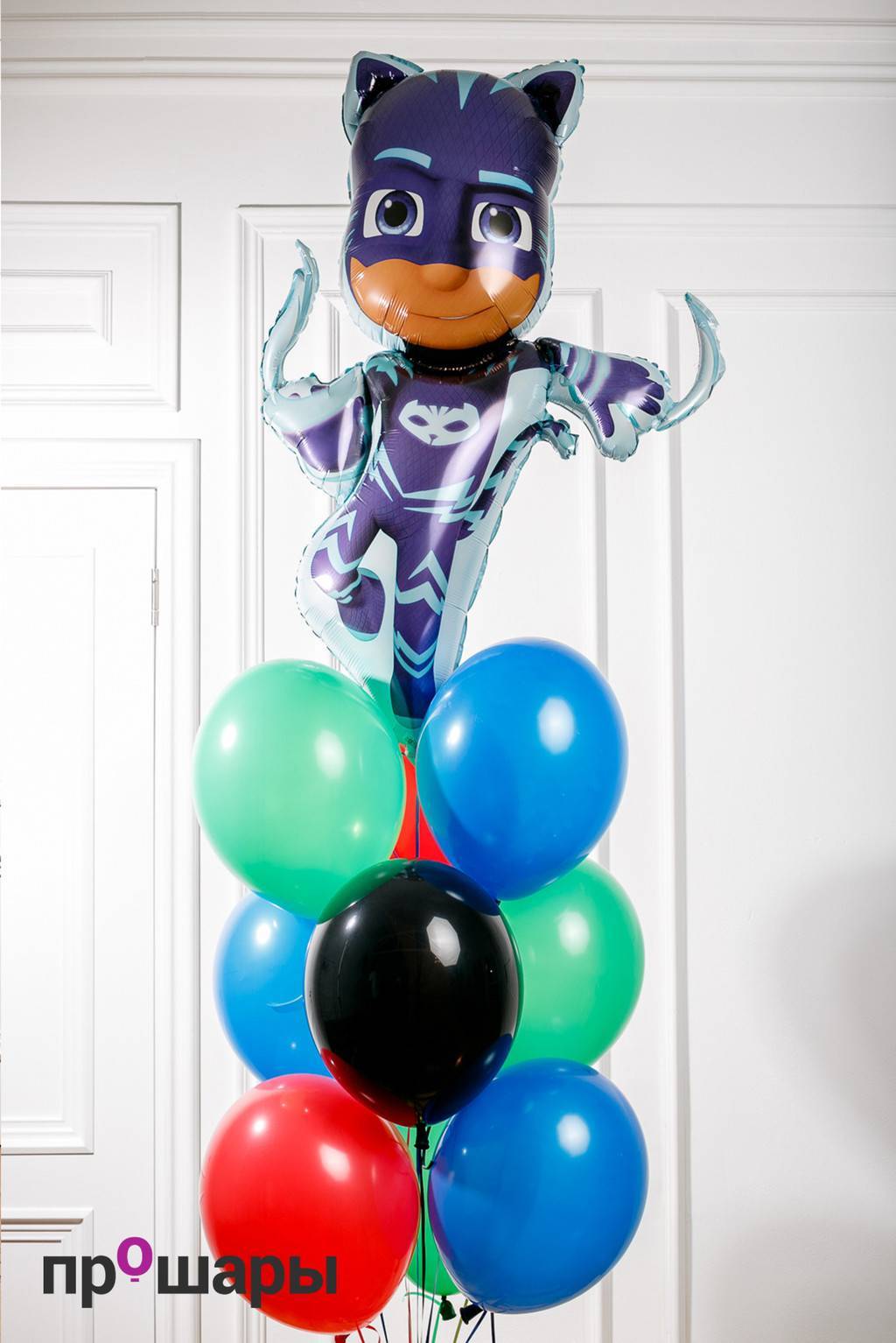 Фонтан 10 шаров зеленый/синий/красный/черный/герои в масках Кэтбой