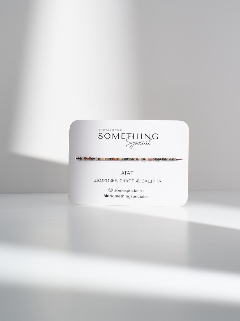 Браслет Long с мелким круглым моховым агатом и серебряными кубиками гематита