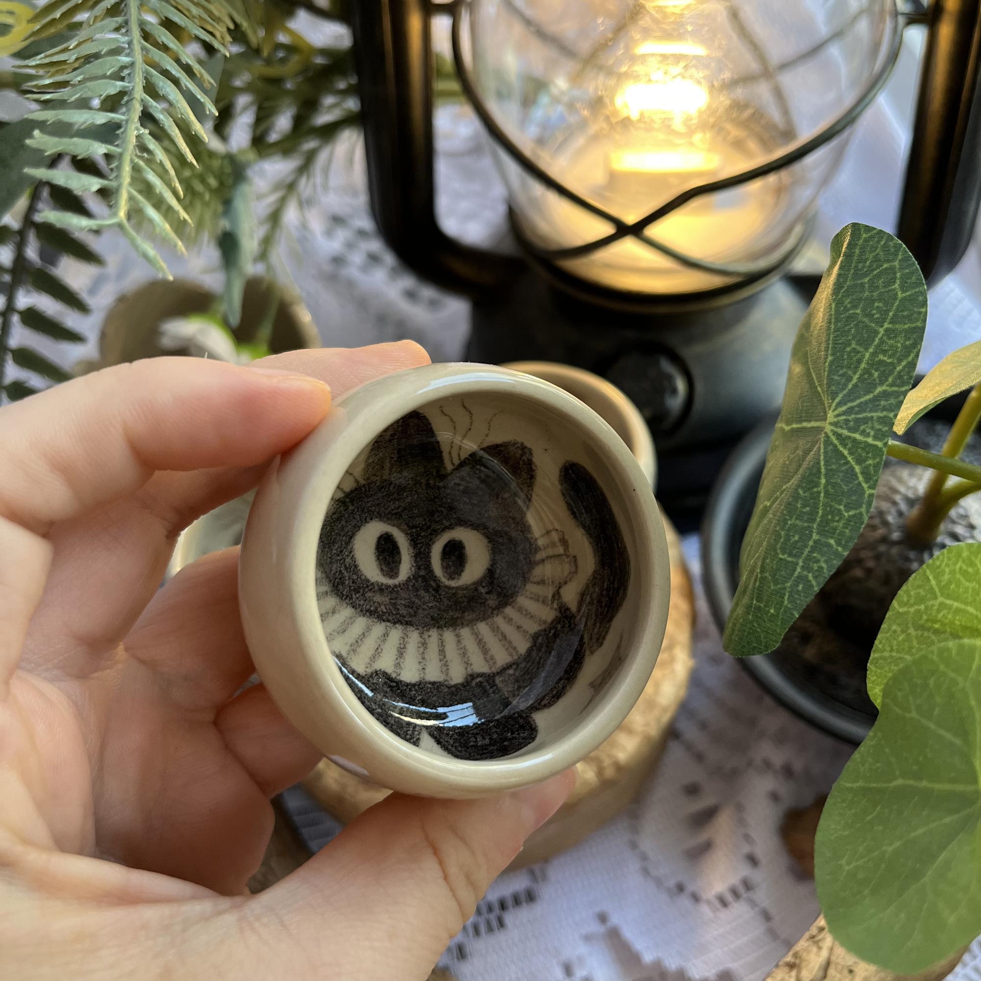 Пиала с карандашным рисунком котика в воротничке