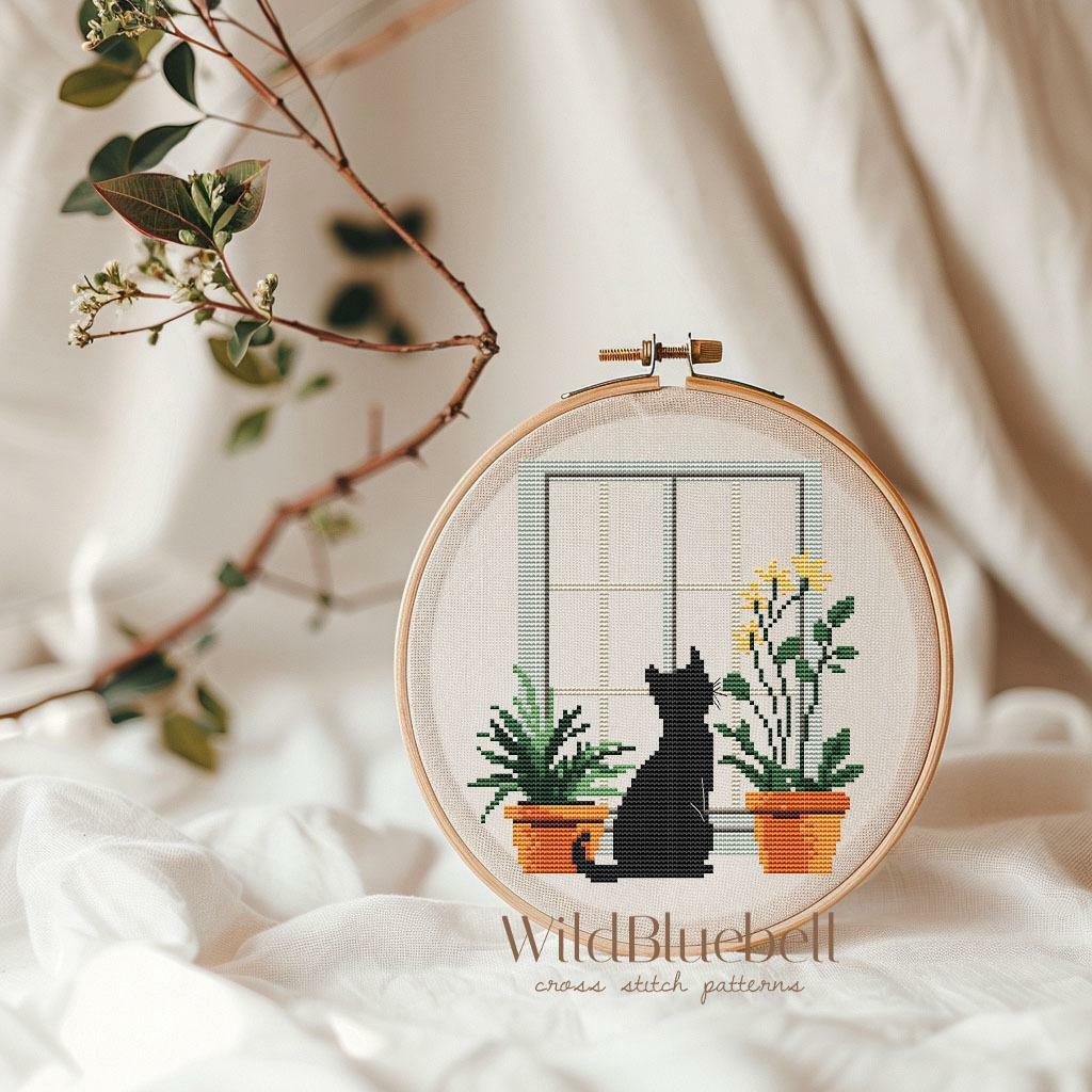 Кот у окна. Электронная схема вышивки крестиком