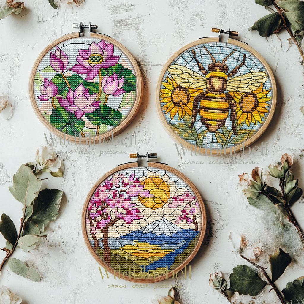 Весенние витражи, 3 шт.. Электронная схема вышивки крестиком