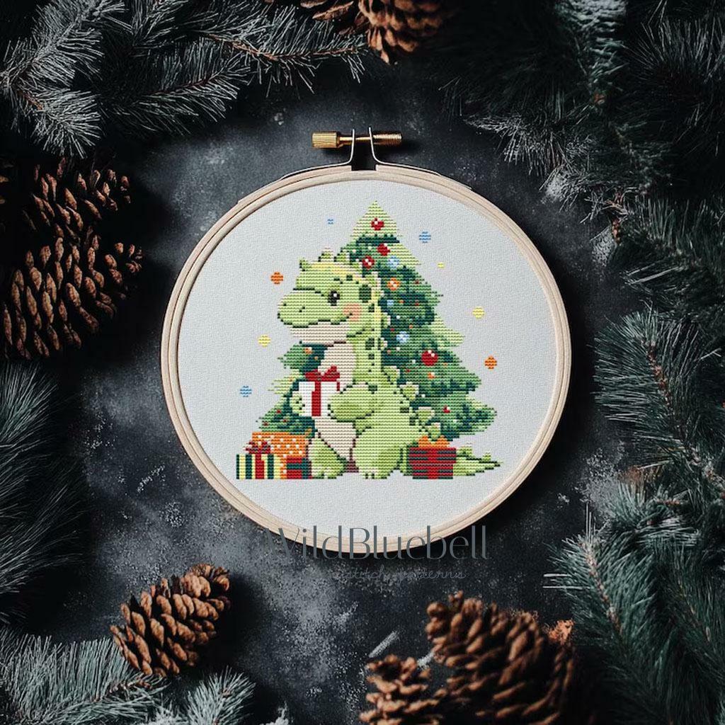 Новогодний динозавр. Электронная схема вышивки крестиком