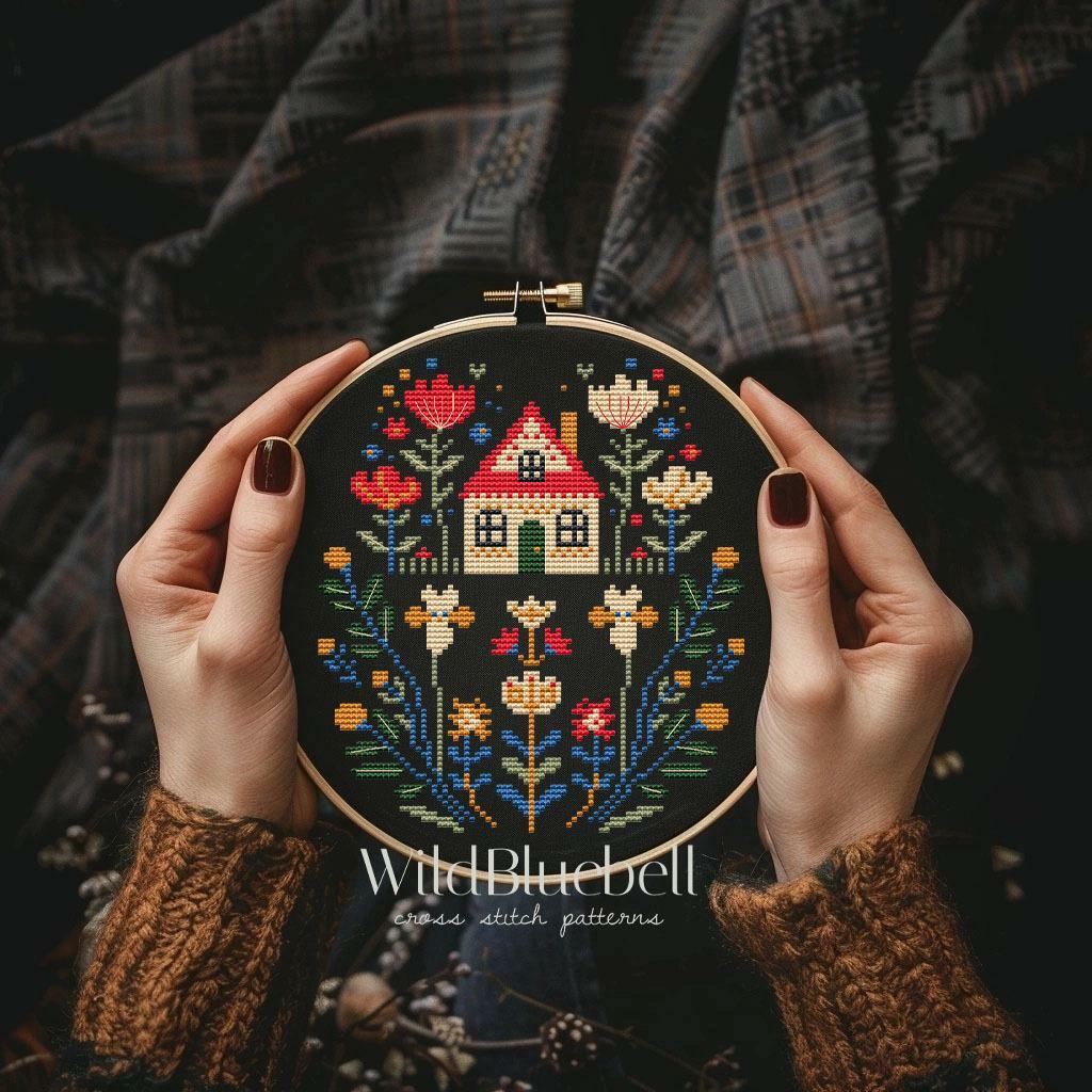 Избушка в цветах. Электронная схема вышивки крестиком