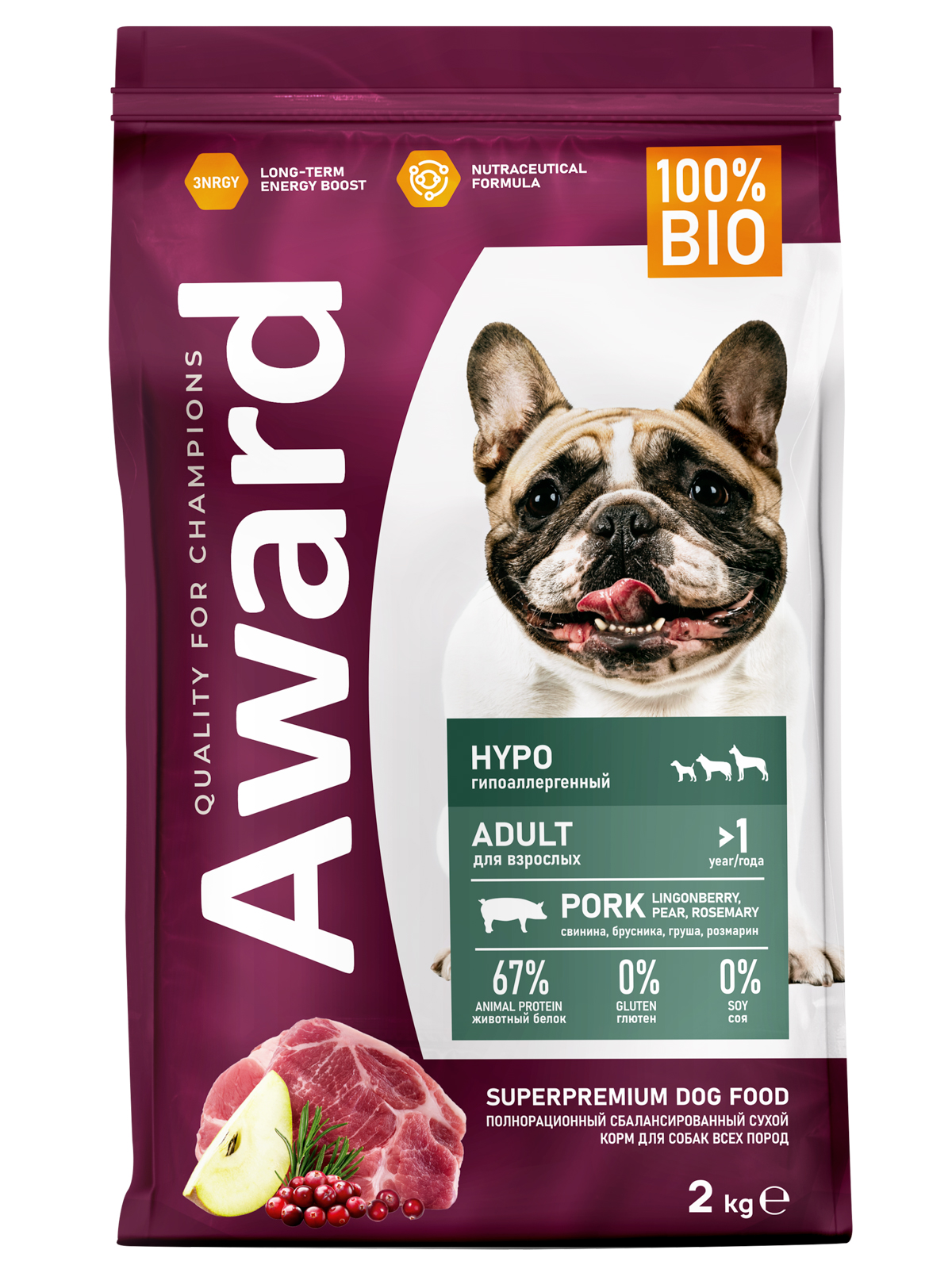 Сухой корм AWARD HYPO для взрослых собак всех пород со свининой с добавлением брусники, груши и розмарина 2кг