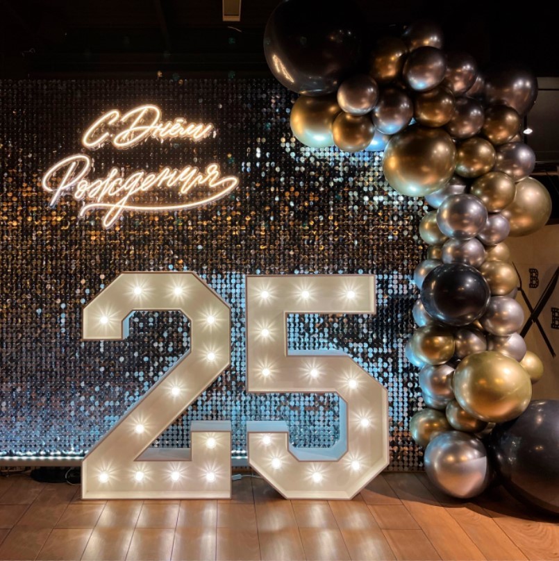 Фотозона на день рождения с неоном, шарами и цифрами