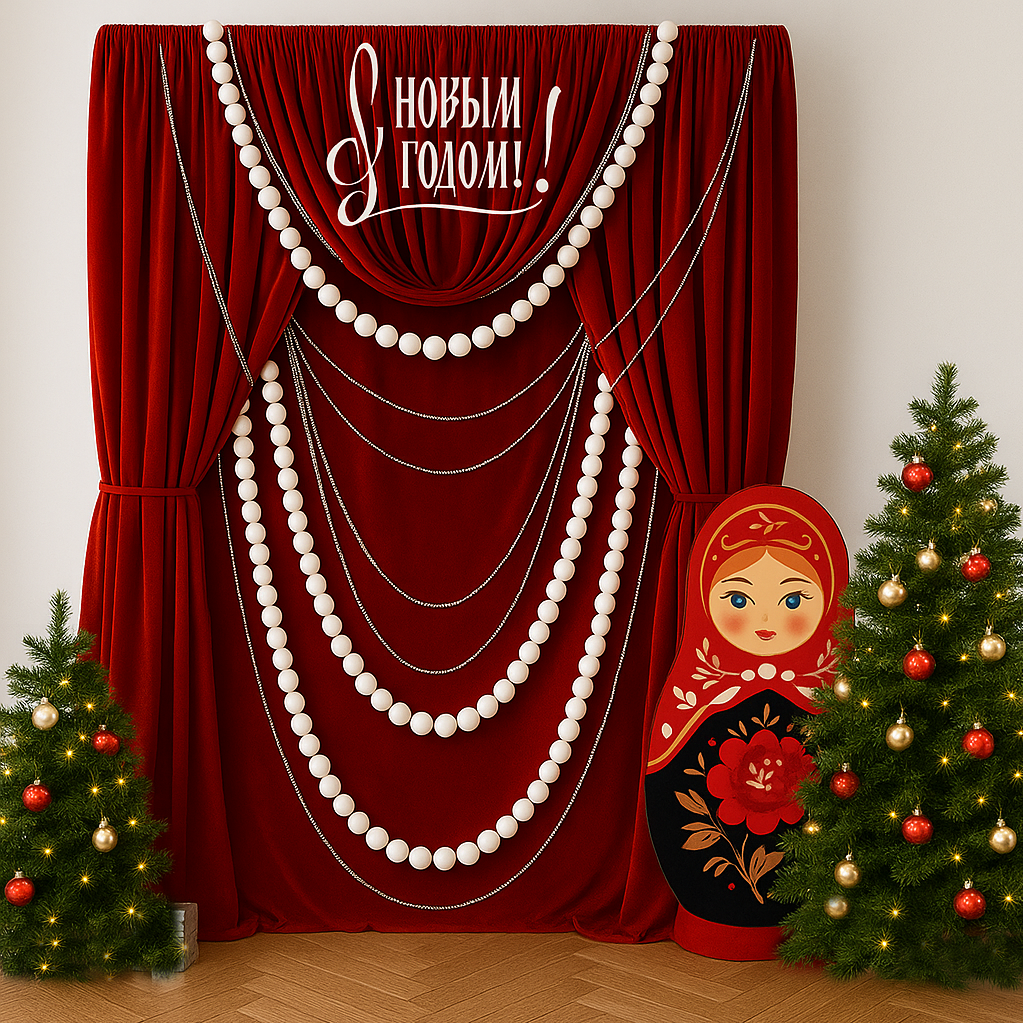 Новогодняя фотозона в стиле А-ля рус с красной бархатной драпировкой, бусами, матрёшкой и ёлками