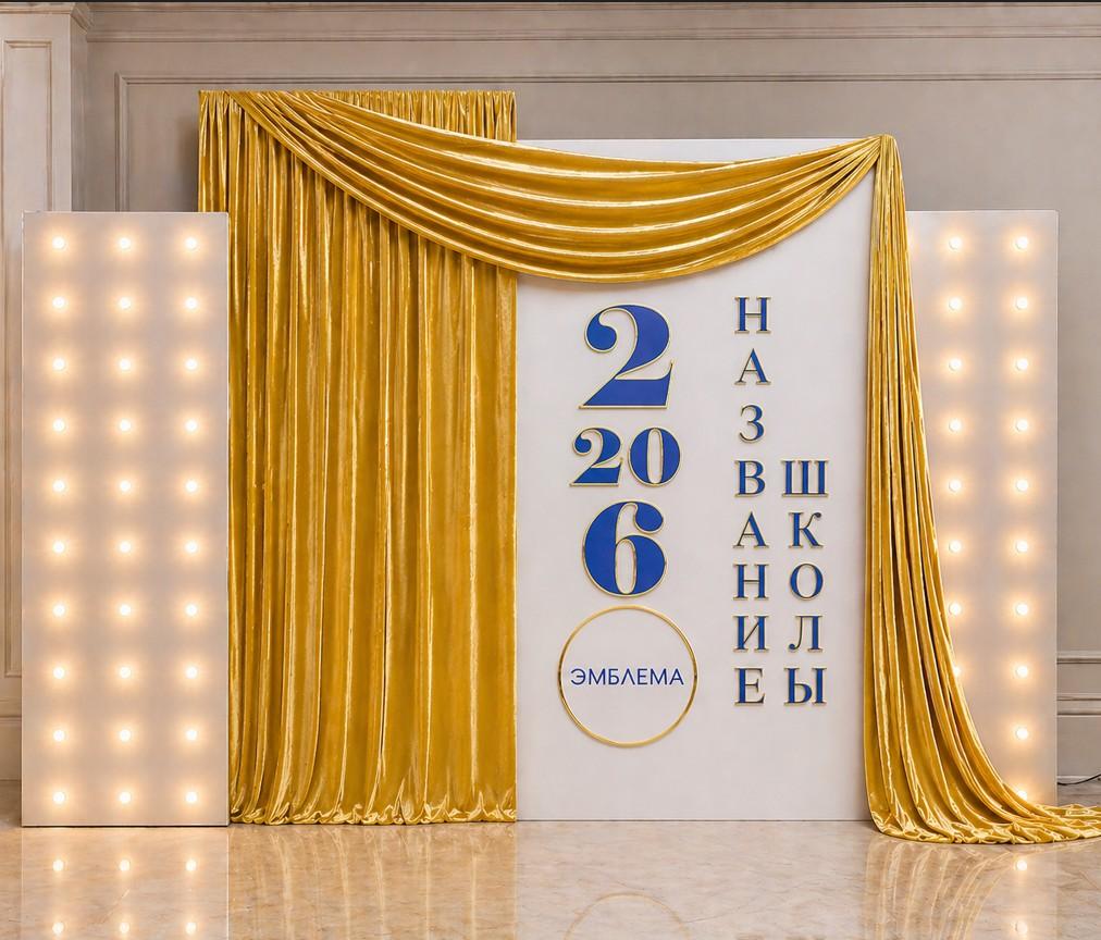 Ярусная фотозона на выпускной из баннера, ткани и лампочек