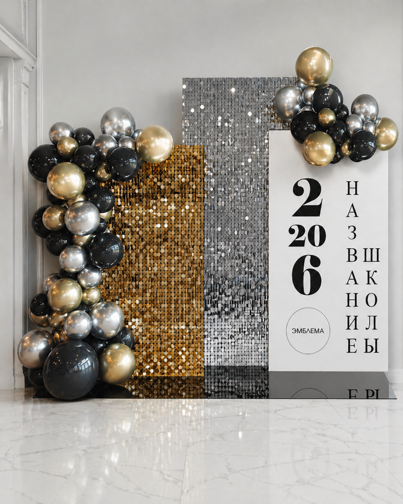 Ярусная фотозона из пайеток и баннера с шарами