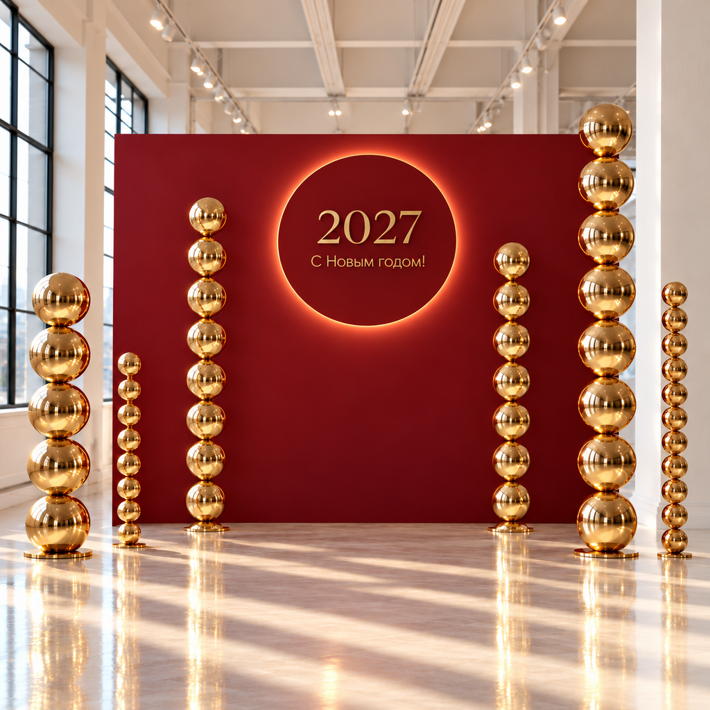 Новогодняя фотозона с круглым панно с подсветкой «2027 С Новым годом» на бордовом фоне и колоннами из золотых зеркальных сфер