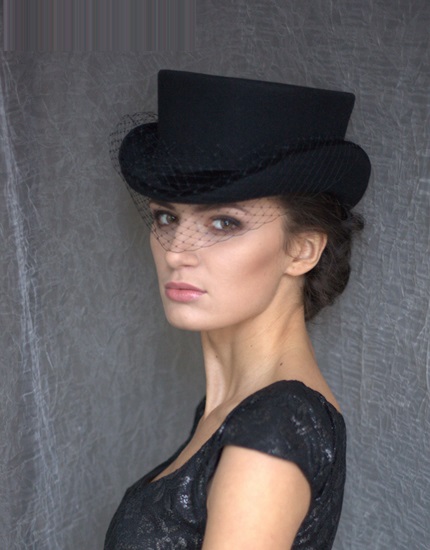 Черный женский цилиндр Шляпа амазонка с вуалью