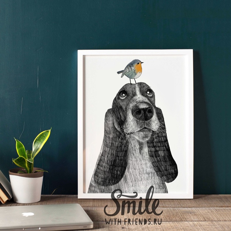 Постер "Бассет-хаунд с птичкой"