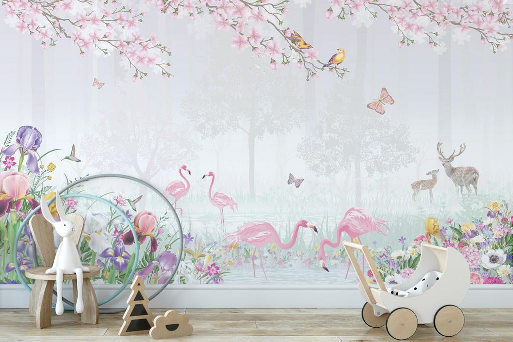 Обои "Фламинго в лесу"