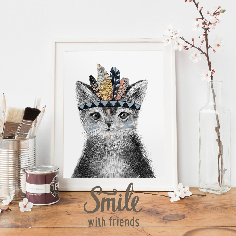 Постер "Малыш котик-индеец"