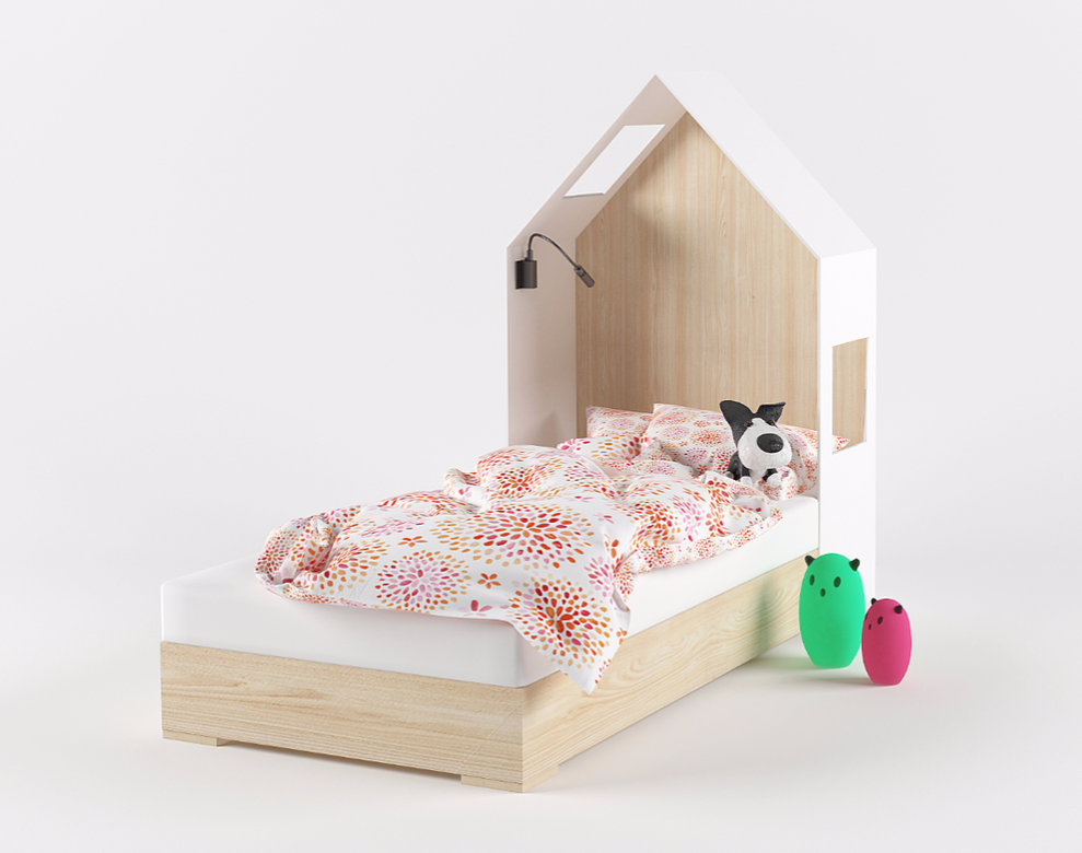 Кровать с белым изголовьем 3в1 домик