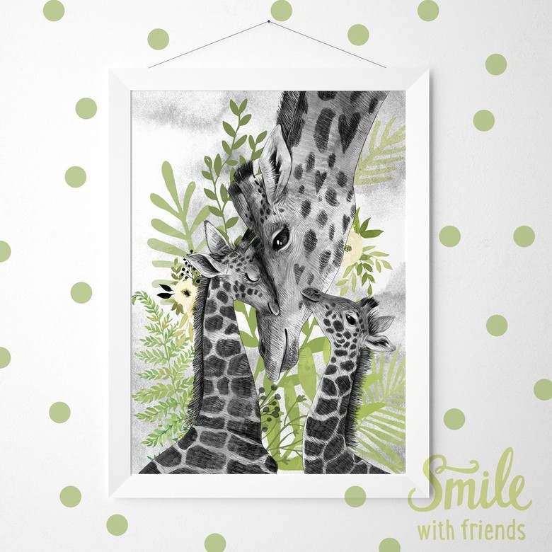 Постер "Жирафы" мама с детьми на лугу