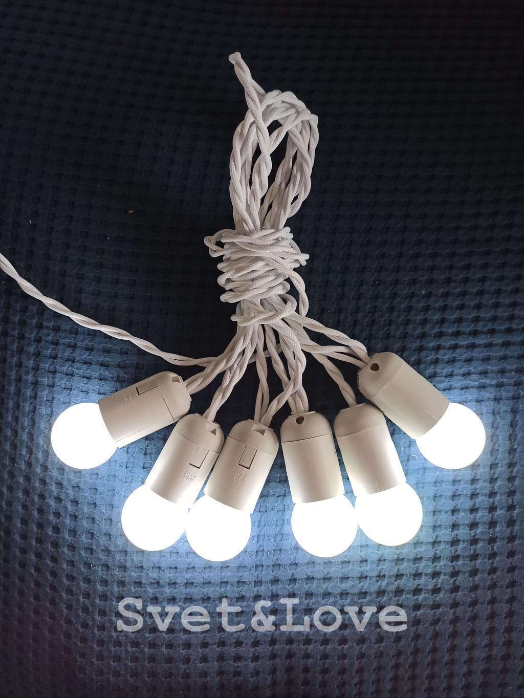 Гирлянда "СКАНДИ" на тканевом проводе с матовыми лампами 1 вт (ХОЛОДНЫЙ белый)