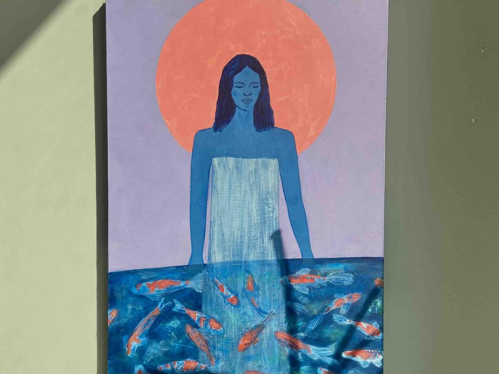 Живопись акрил 40х60 Женщина с карпами