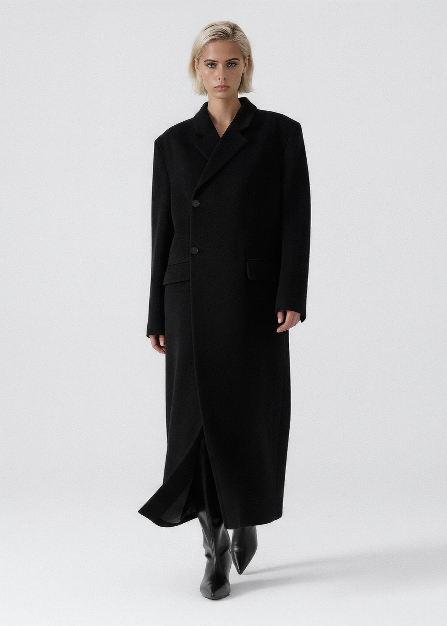 【着丈130】Wool Maxi Chester Coat / Black Handmade Black Wool Maxi Coat – Elegant Winter Overcoat | Xiaolizi