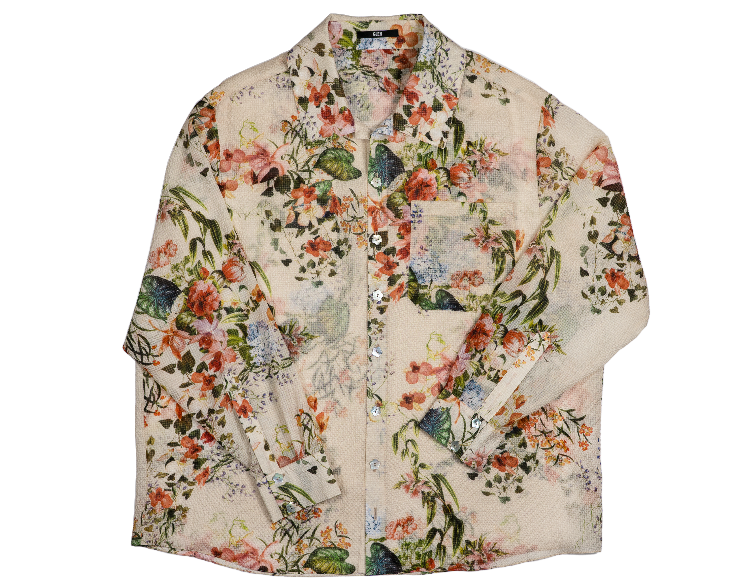 ШЁЛКОВАЯ РУБАШКА ЦВЕТЫ НА БЕЖЕВОМ