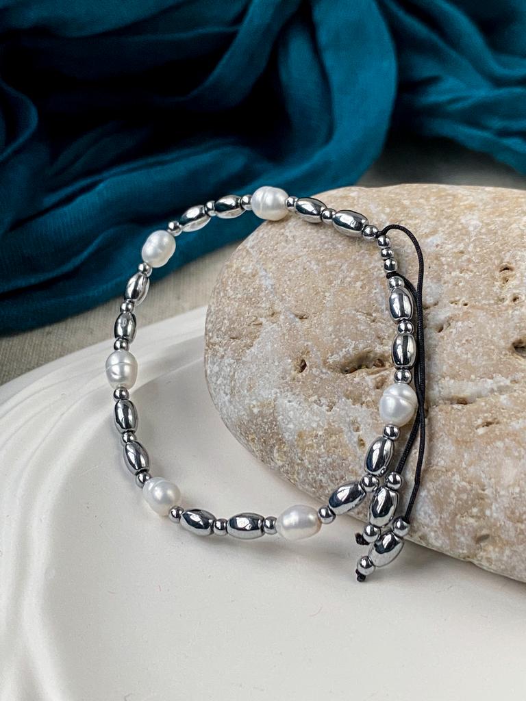 Браслет из гематита и жемчуга