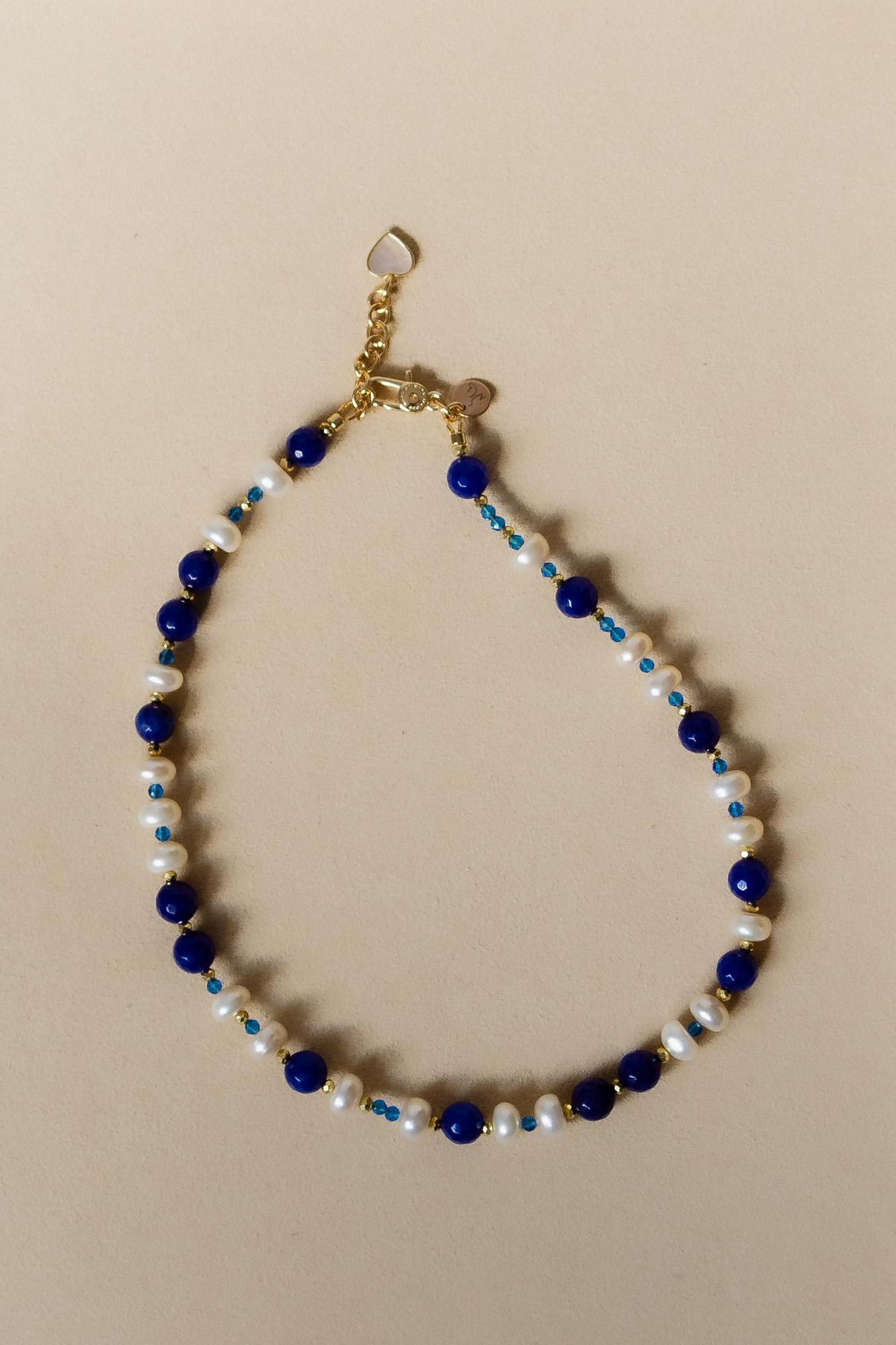 Колье синий агат, жемчуг, шпинель