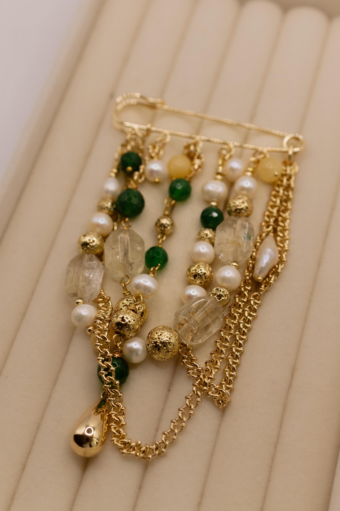 Брошь-булавка хризопраз, цитрин и жемчуг