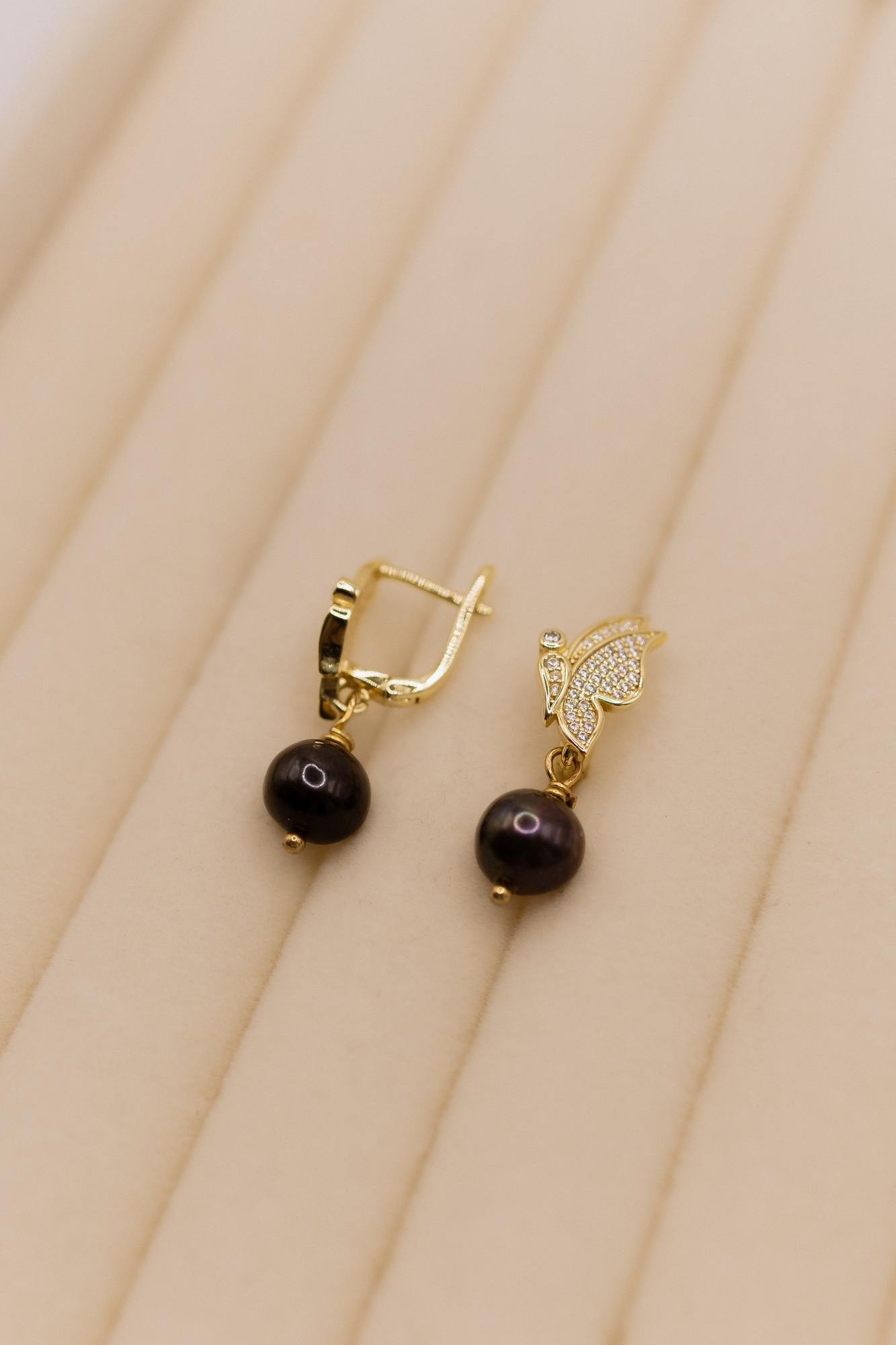 Серьги бабочки с черным жемчугом, золото