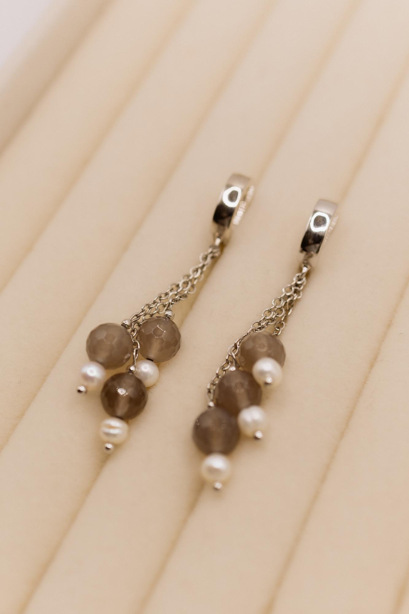 Серьги серый агат и жемчуг