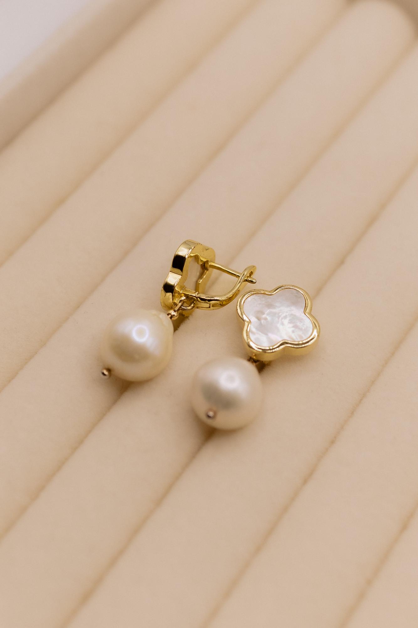 Серьги клевер с жемчугом барокко, золото