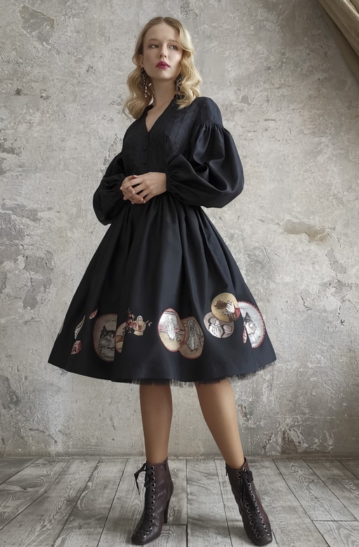 Платье из шелковой тафты "This lovely evening... / black silk dress / antique cats print