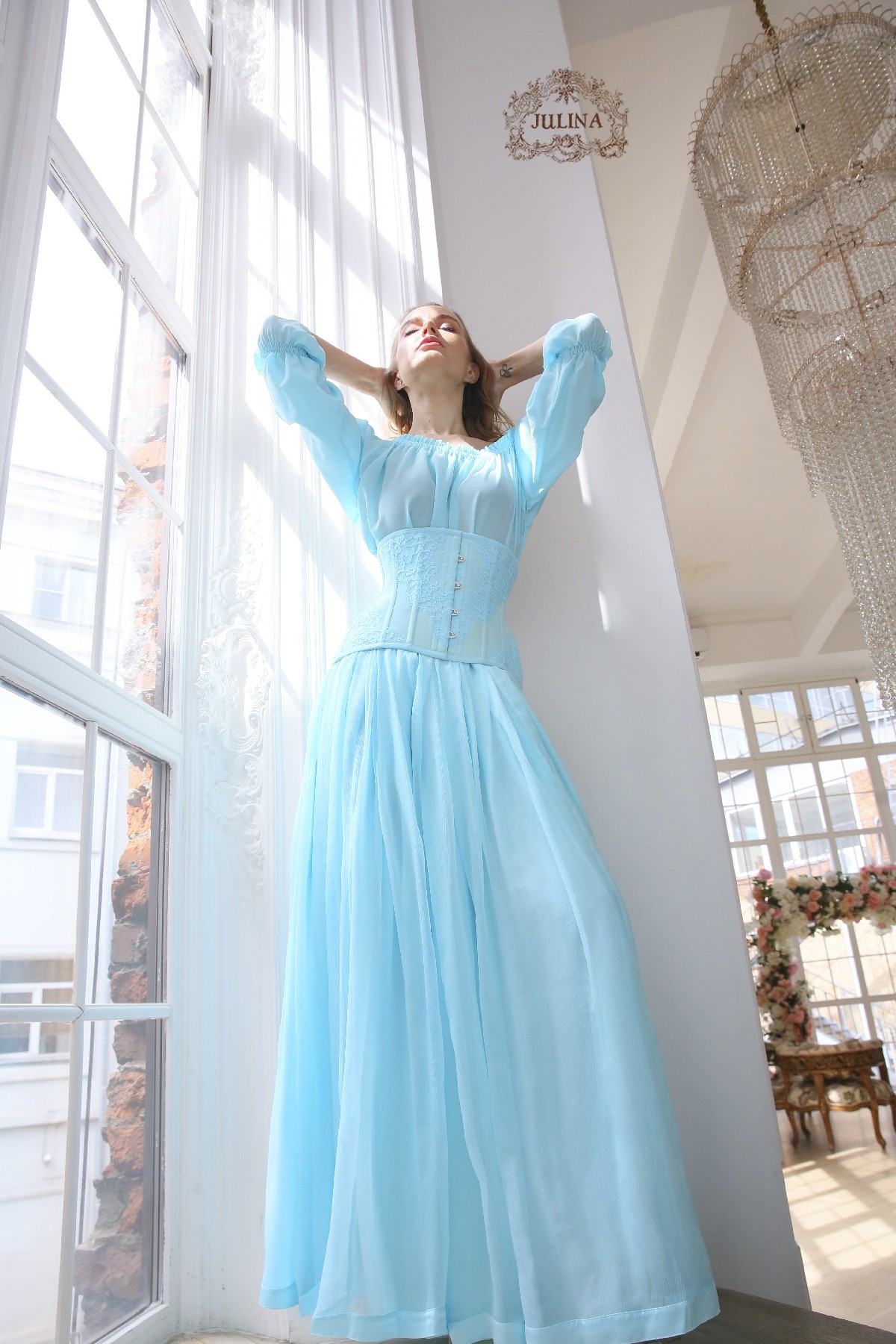 blue silk dress