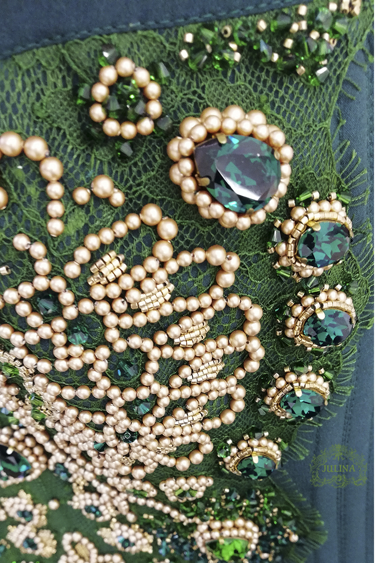 корсет "Жар-Птица" изумрудный расшитый жемчугом и камнями / haute couture dress