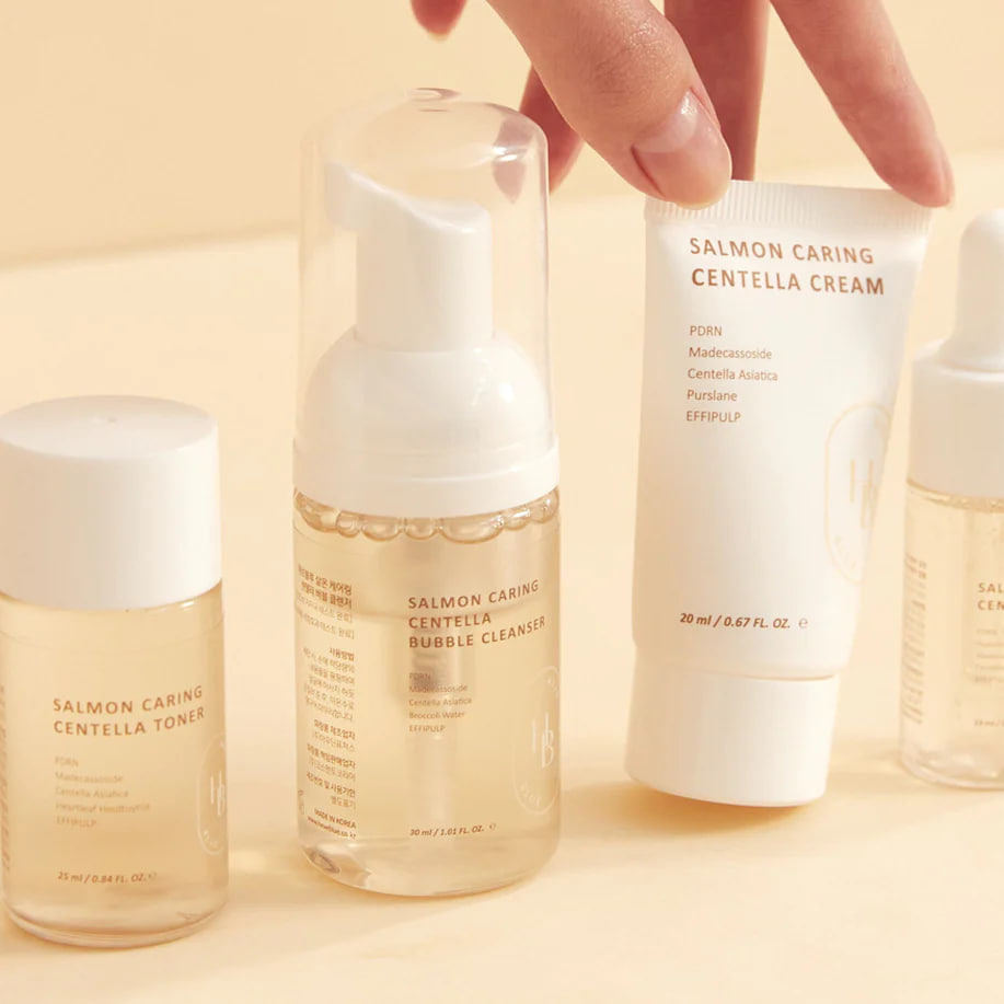 Уходовый набор с PDRN HEVEBLUE Salmon Caring Centella Special Travel Kit Bag