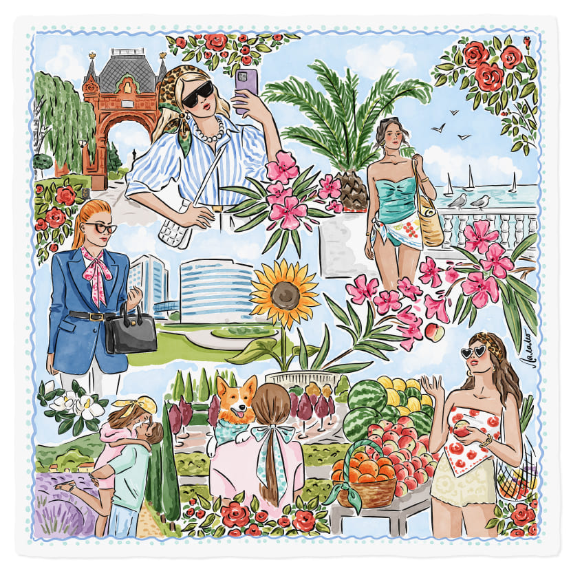 Авторский платок Лалалео с иллюстрациями Краснодара и юга России, сувенирный аксессуар