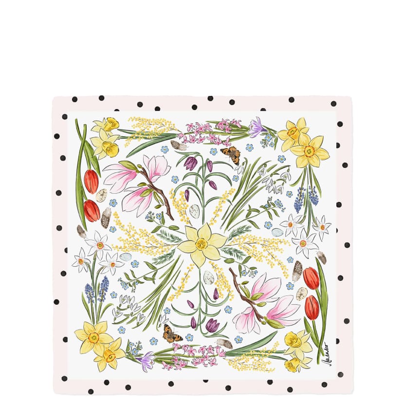 Белый весенний платок 70х70 с цветами и розовым кантом в горошек