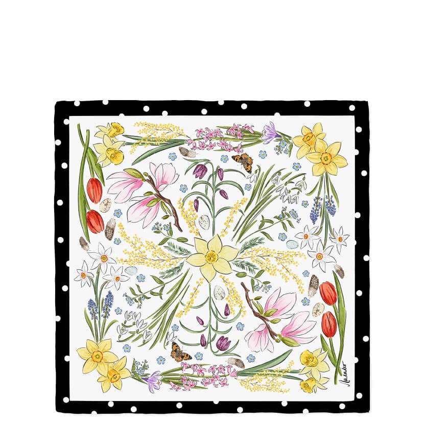 Белый весенний платок с цветами и чёрным кантом в горошек