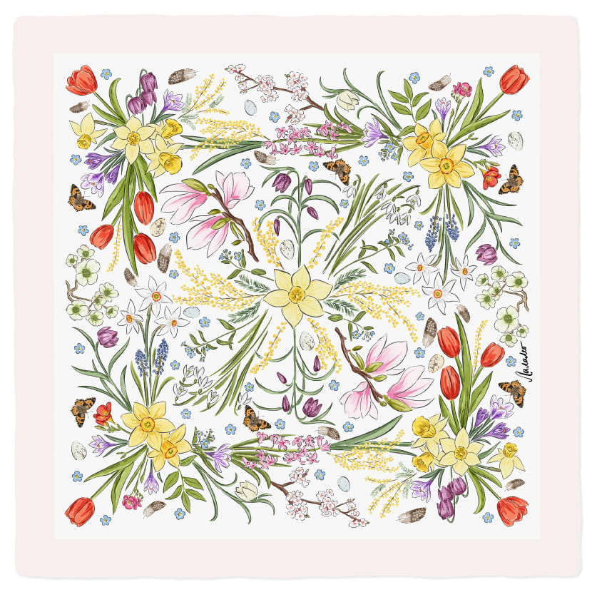 Белый весенний платок с цветами и розовым кантом