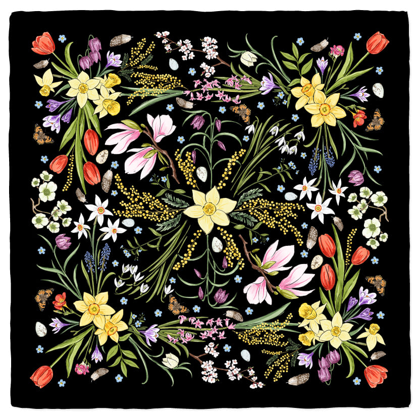 Чёрный платок с весенними цветами
