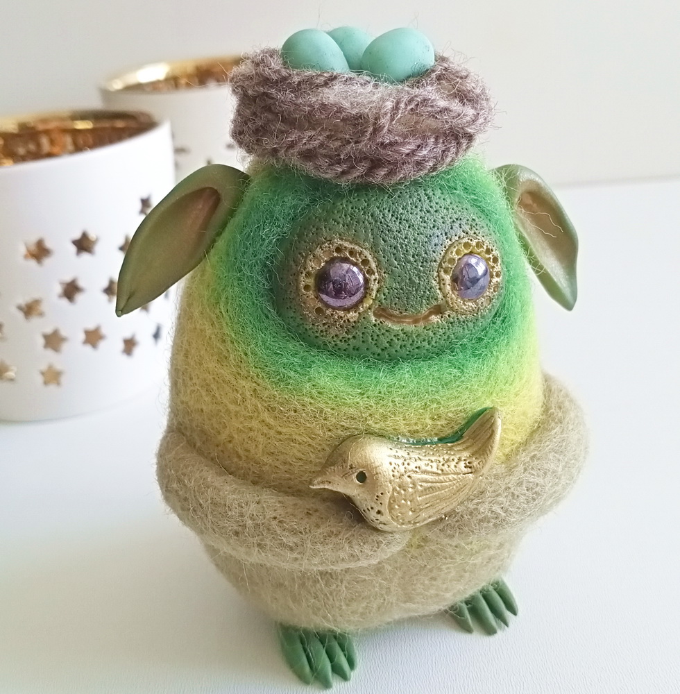 Defender of birds' nests. Miniature magical felted creature.