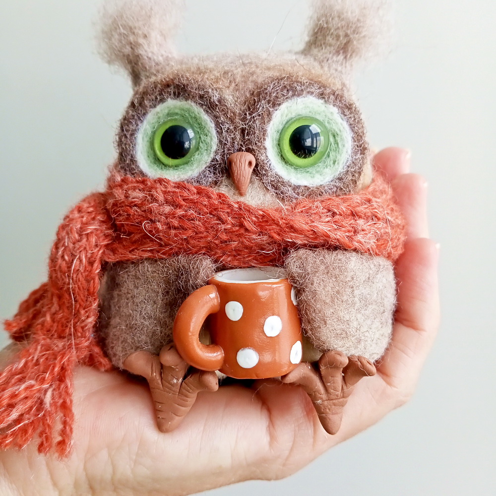 NEEDLE FELTED OWL WITH CUP