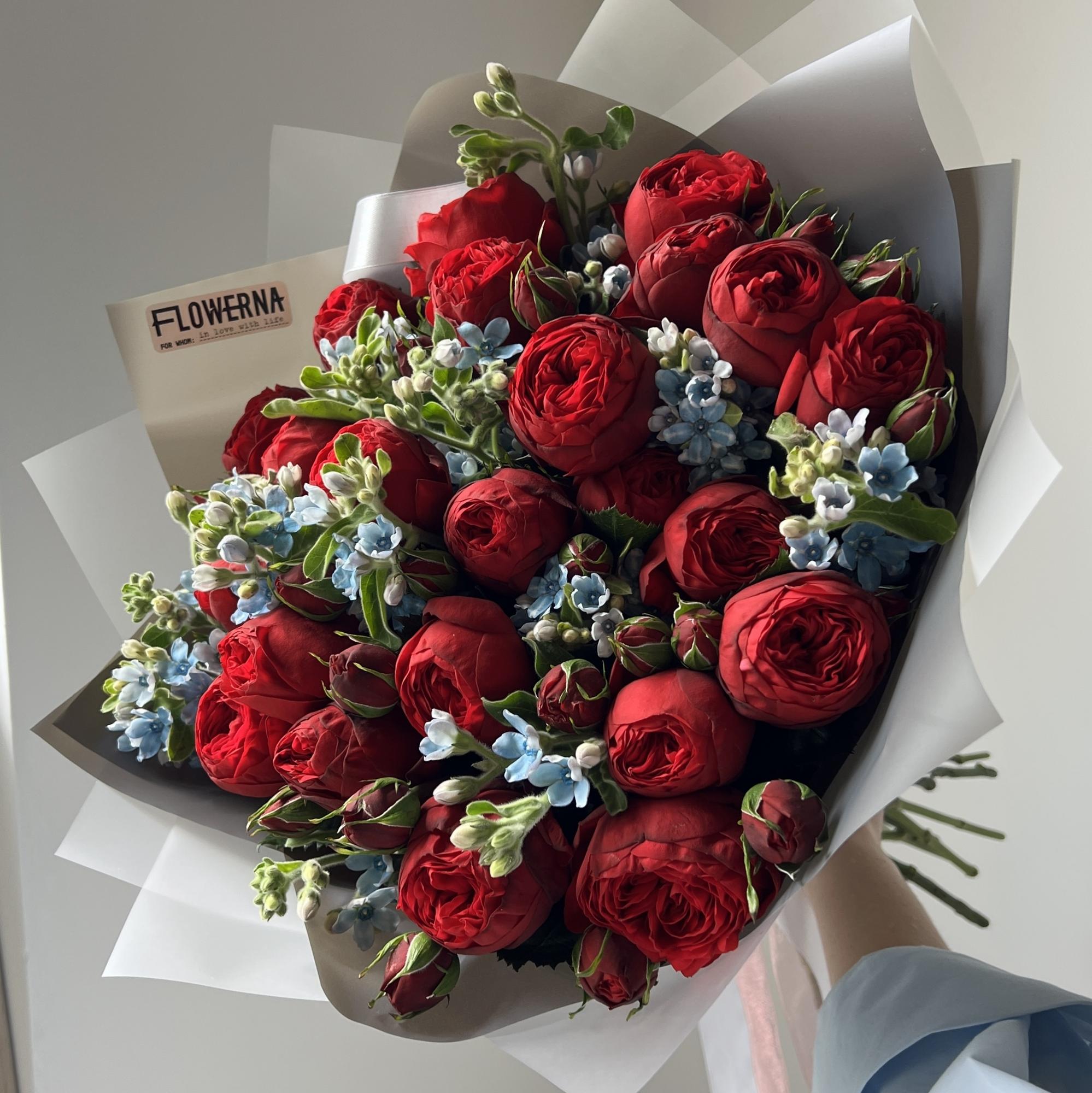 Дуо-букет розы Ред Пиано и оксипеталум