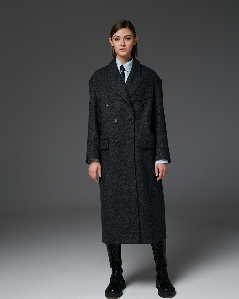Пальто STELLA  из шерсти серое с диагональю