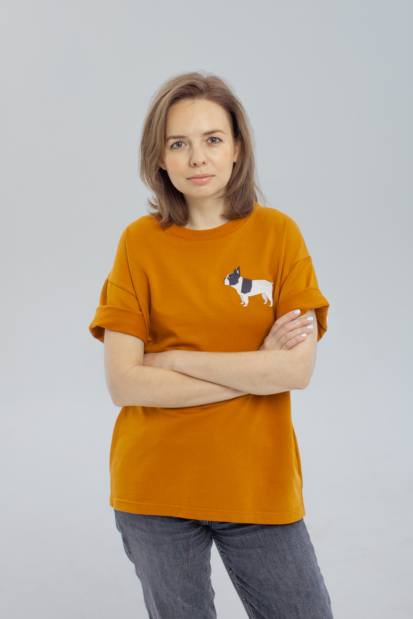 Футболка плотная охра с французским бульдогом