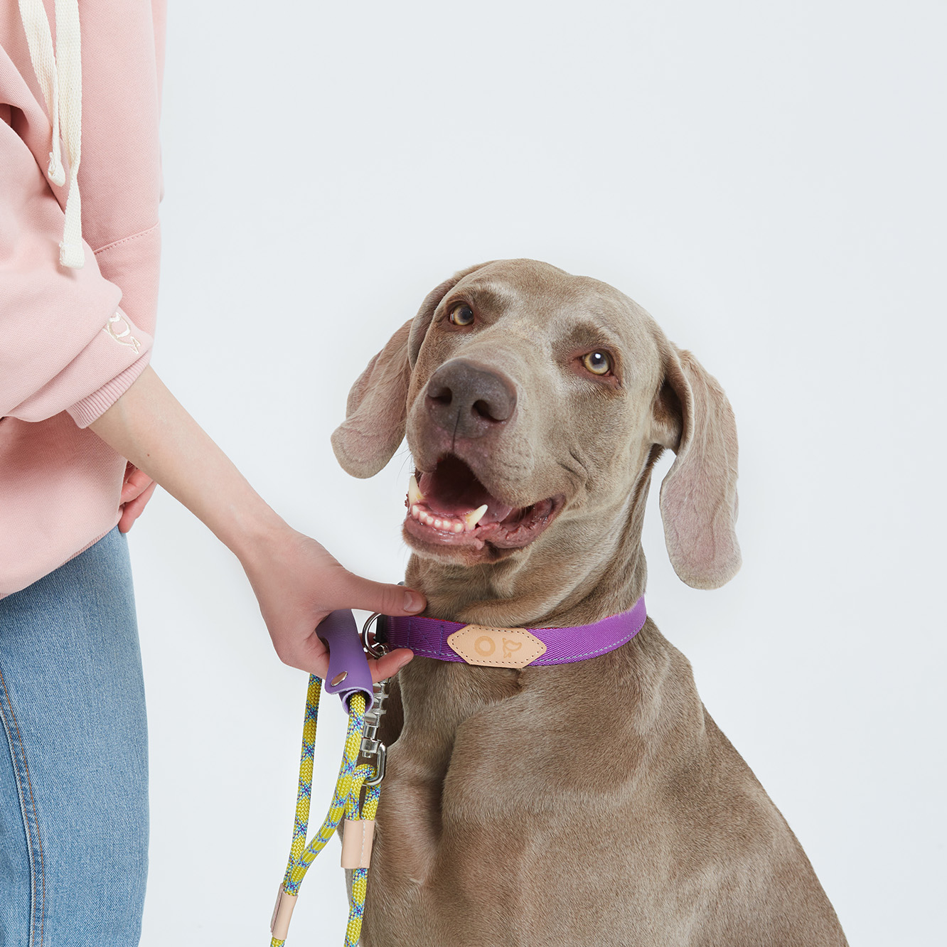 Желтый пестрый поводок-веревка с кожаной накладной ручкой