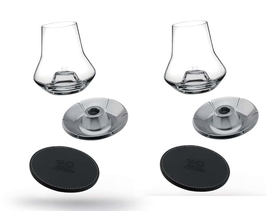 Peugeot Duo. Набор: 2 стакана для дегустации виски с охлаждающей деталью и кожаной подставкой 380 мл
