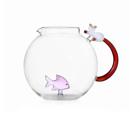 Ichendorf Tabby Cat. Кувшин с розовой рыбой и белым котом с янтарным хвостом 16,5x17 см