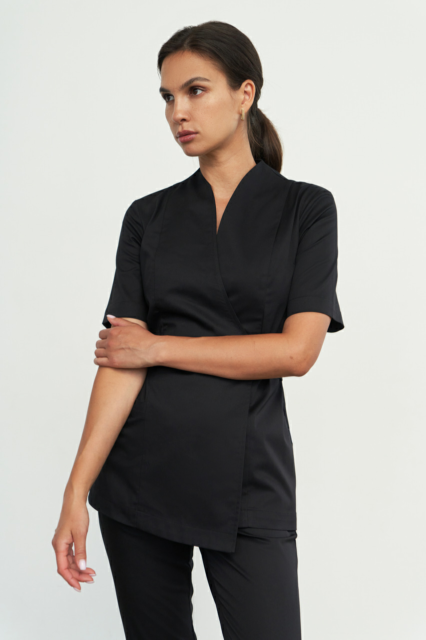 Хирургическая блуза на запахе с поясом черная KL 210