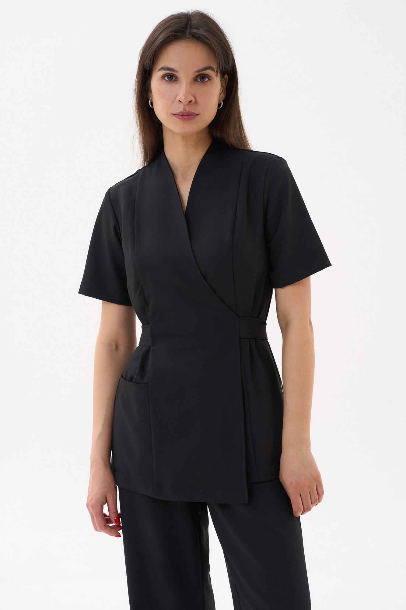 Хирургическая блуза на запахе с поясом черная KL 210